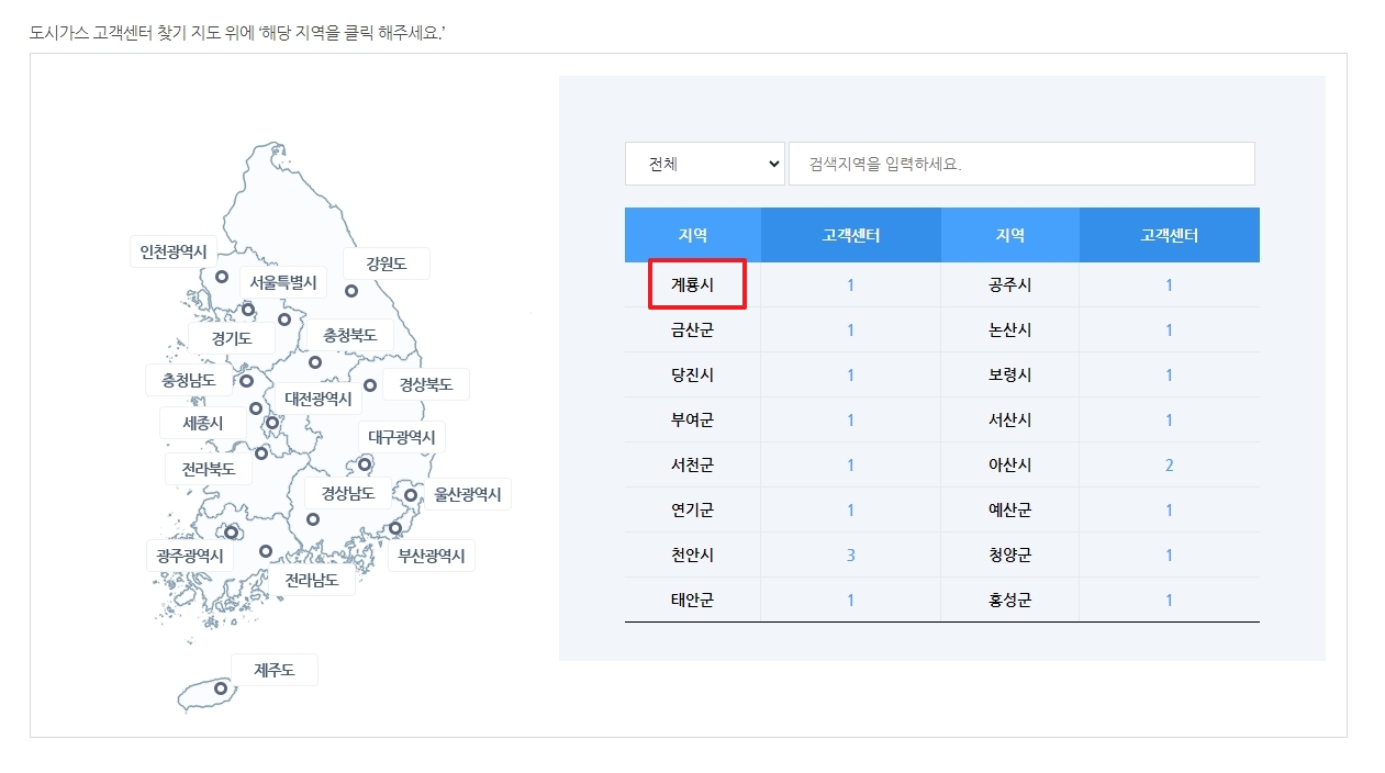상세 지역인 시/군/구를 선택하는 화면