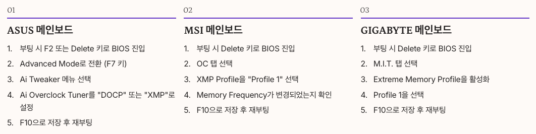 XMP 설정 방법 메인보드 회사별 정리