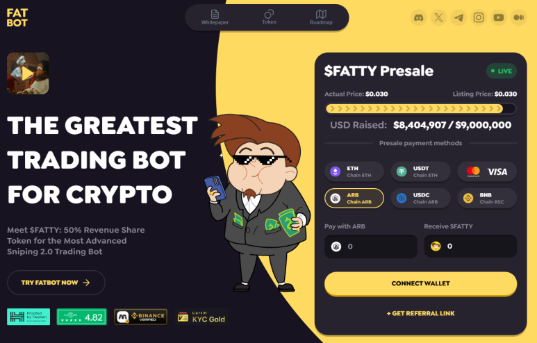 FATTY 생태계는 Fatbot 수익의 50%를 $FATTY 토큰 소유자에게 배분한다는 소식으로 큰 관심을 받고 있으며 현제 $FATTY 토큰의 초기 프리세일이 진행중이다.