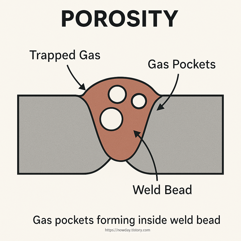 Illustration showing porosity defects in a weld, with gas pockets forming inside the weld bead
