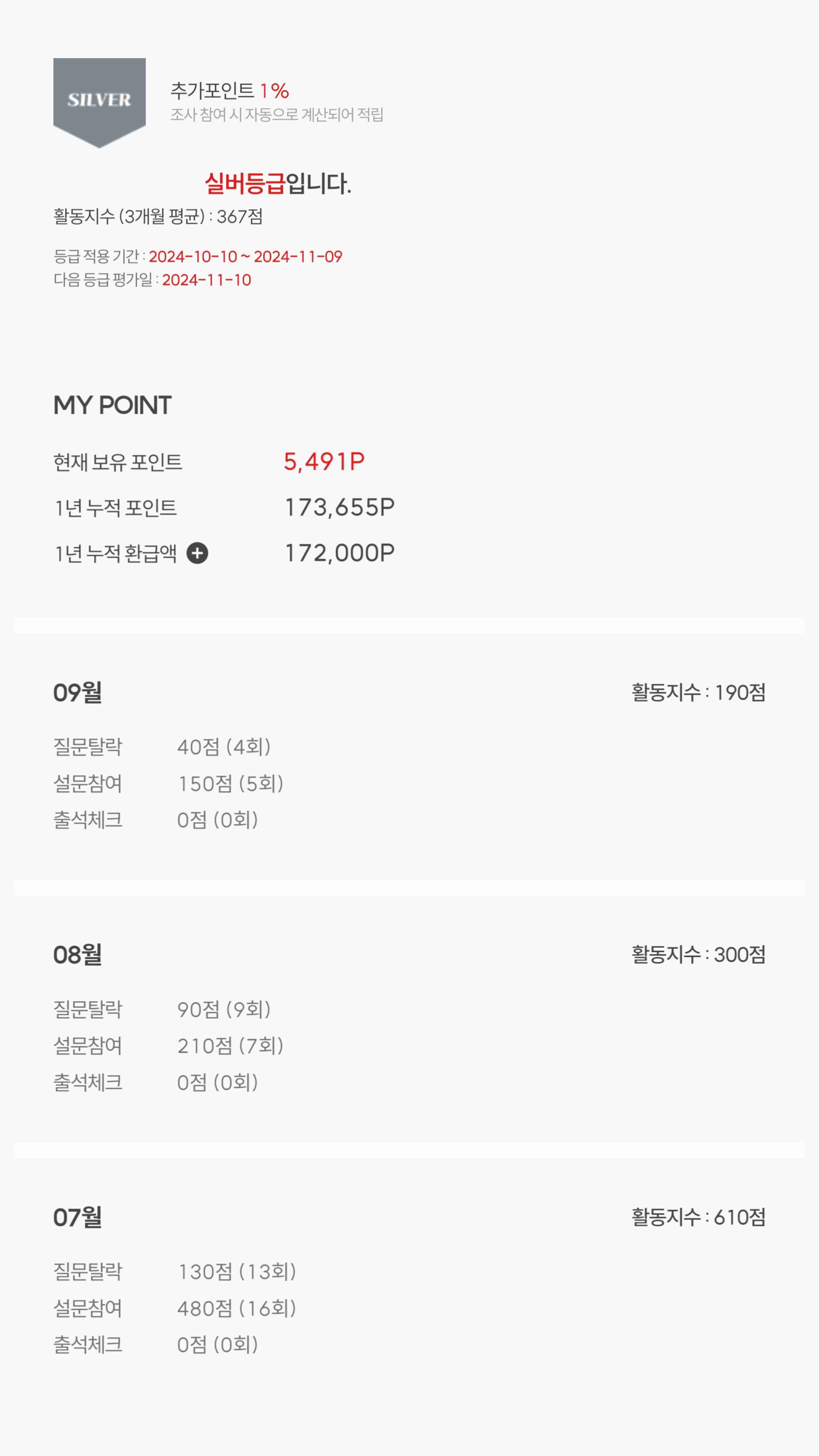 현재 등급과 지난 3개월간의 점수 확인 페이지