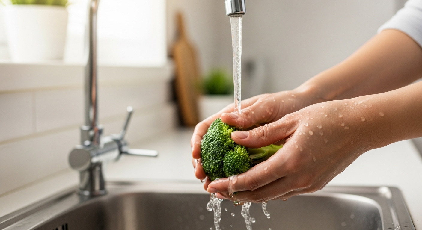 한 사람이 주방 싱크대에서 흐르는 물에 신선한 브로콜리 송이를 깨끗이 씻는 모습, 청결한 준비 과정을 강조.