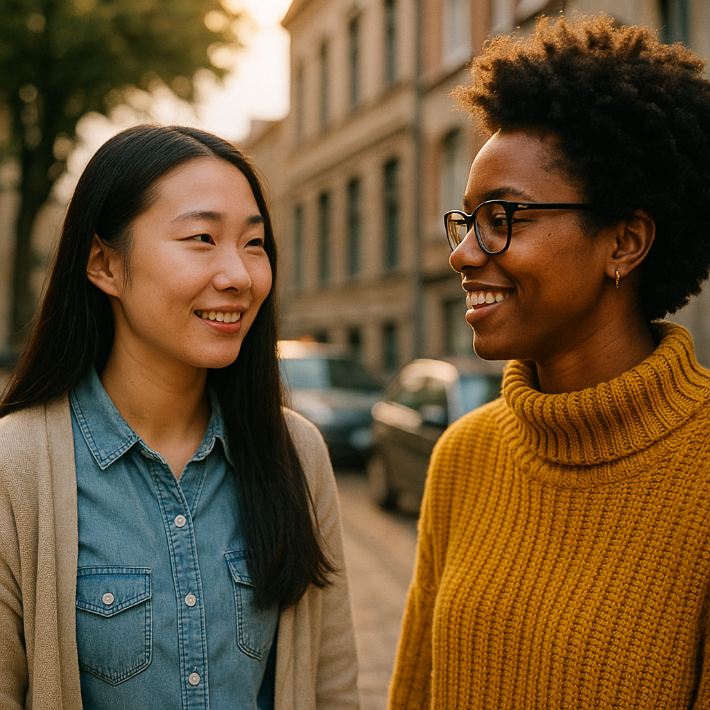 두여자가 웃으며 바라봄