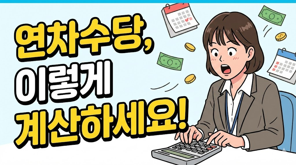 복잡한 연차수당 계산 때문에 놀란 직장인의 모습을 유머러스하게 표현한 썸네일입니다.