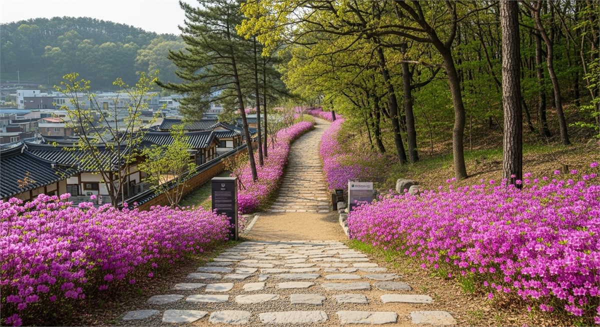 불암산 힐링타운으로 이어지는 봄철 진입로와 철쭉 풍경 