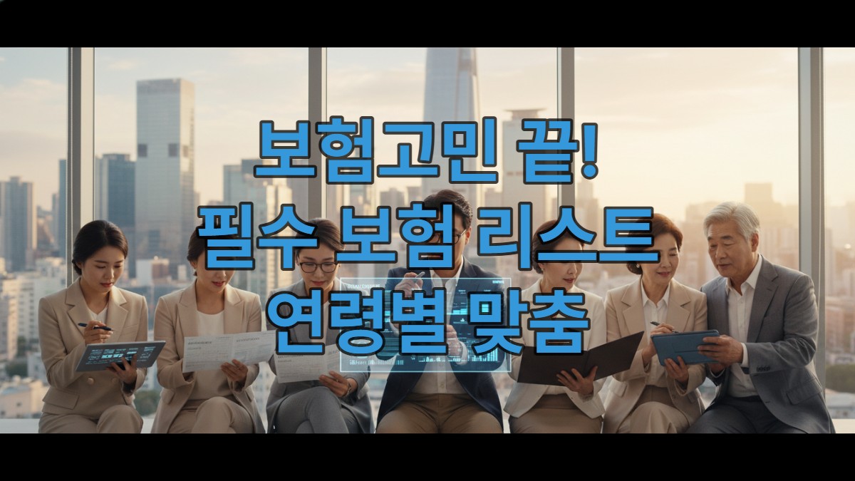 2026년 생애주기별 보험 가입 전략을 세우는 다양한 연령대의 한국인들이 함께 모여 보험 서류와 디지털 화면을 검토하는 모습.