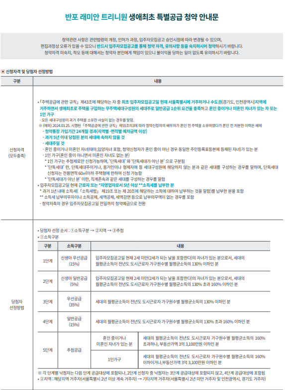반포 래미안 트리니원 아파트 청약안내문 - 생애최초