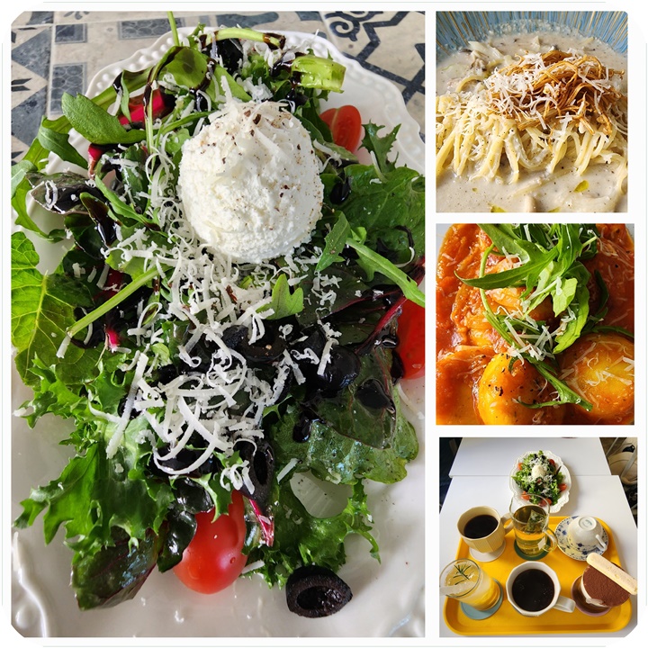 샐러드와 파스타등의 4컷의 콜라주