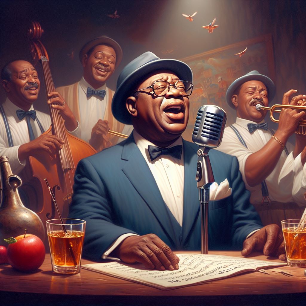 A realistic still life painting of a That Singing What a Wonderful World Louis Armstrong Satchmo, Dippermouth at jazz bar with his crew
