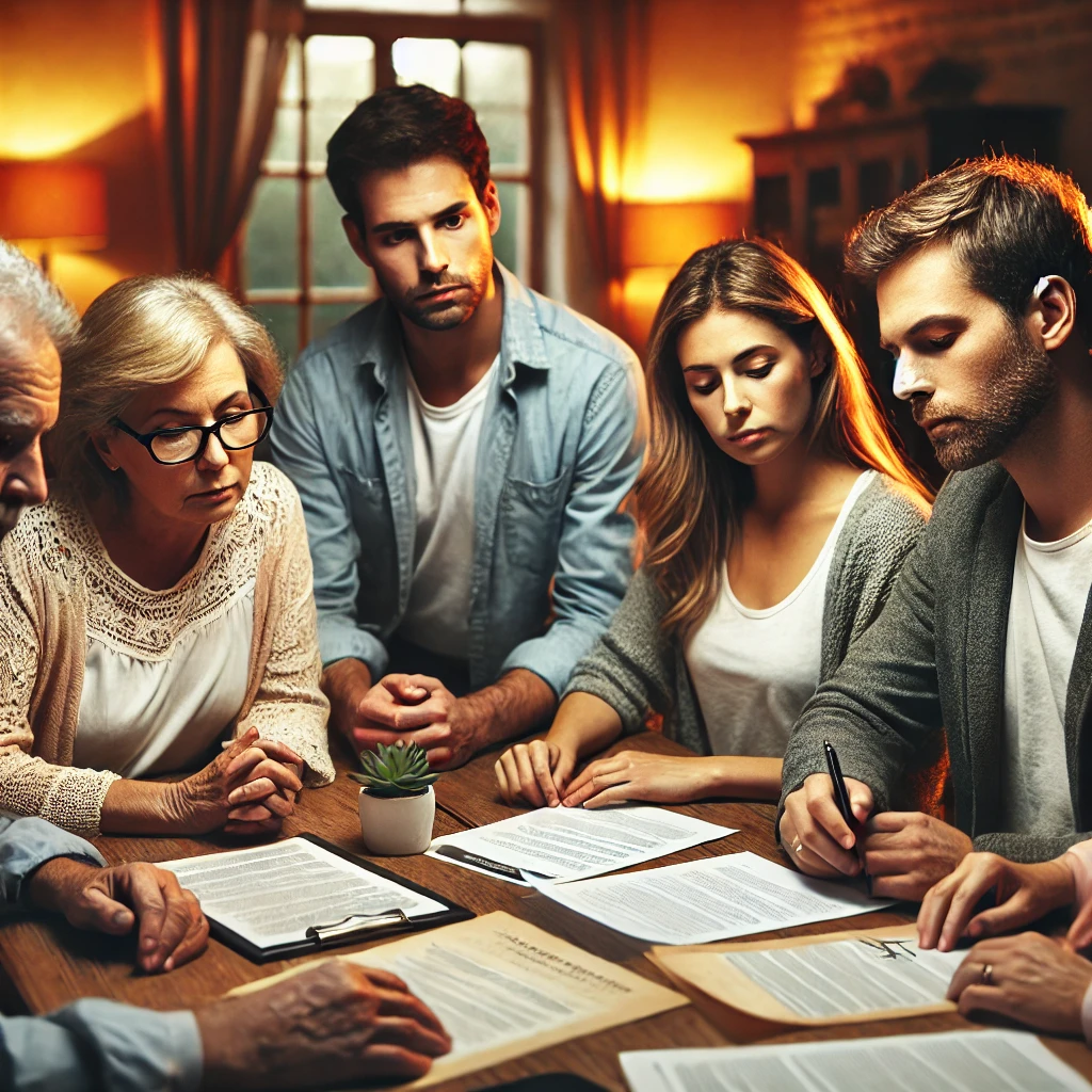 상속 재산을 두고 가족 간의 대화나 논의를 표현하는 이미지.