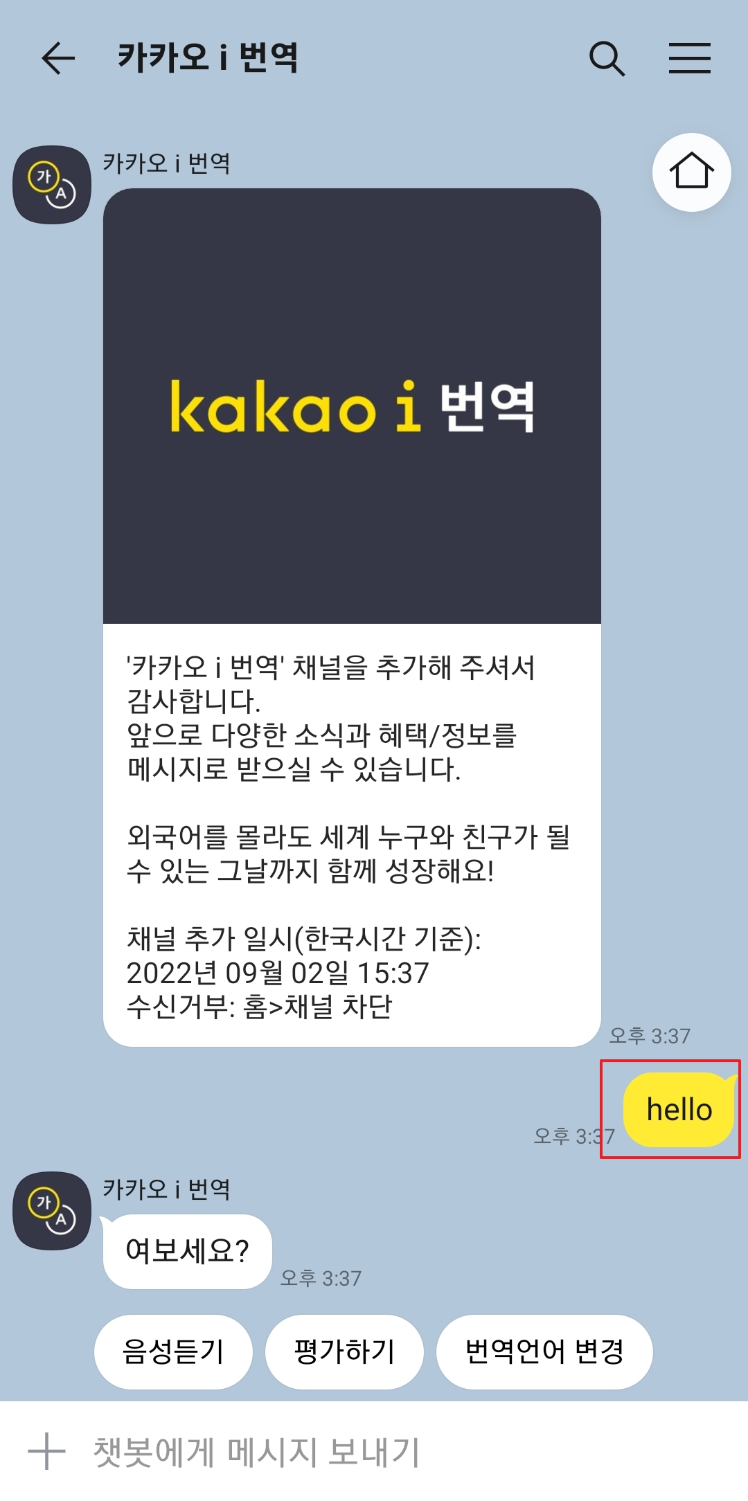 카카오 i 번역 채널 채팅방에서 영어 번역 실행한 화면