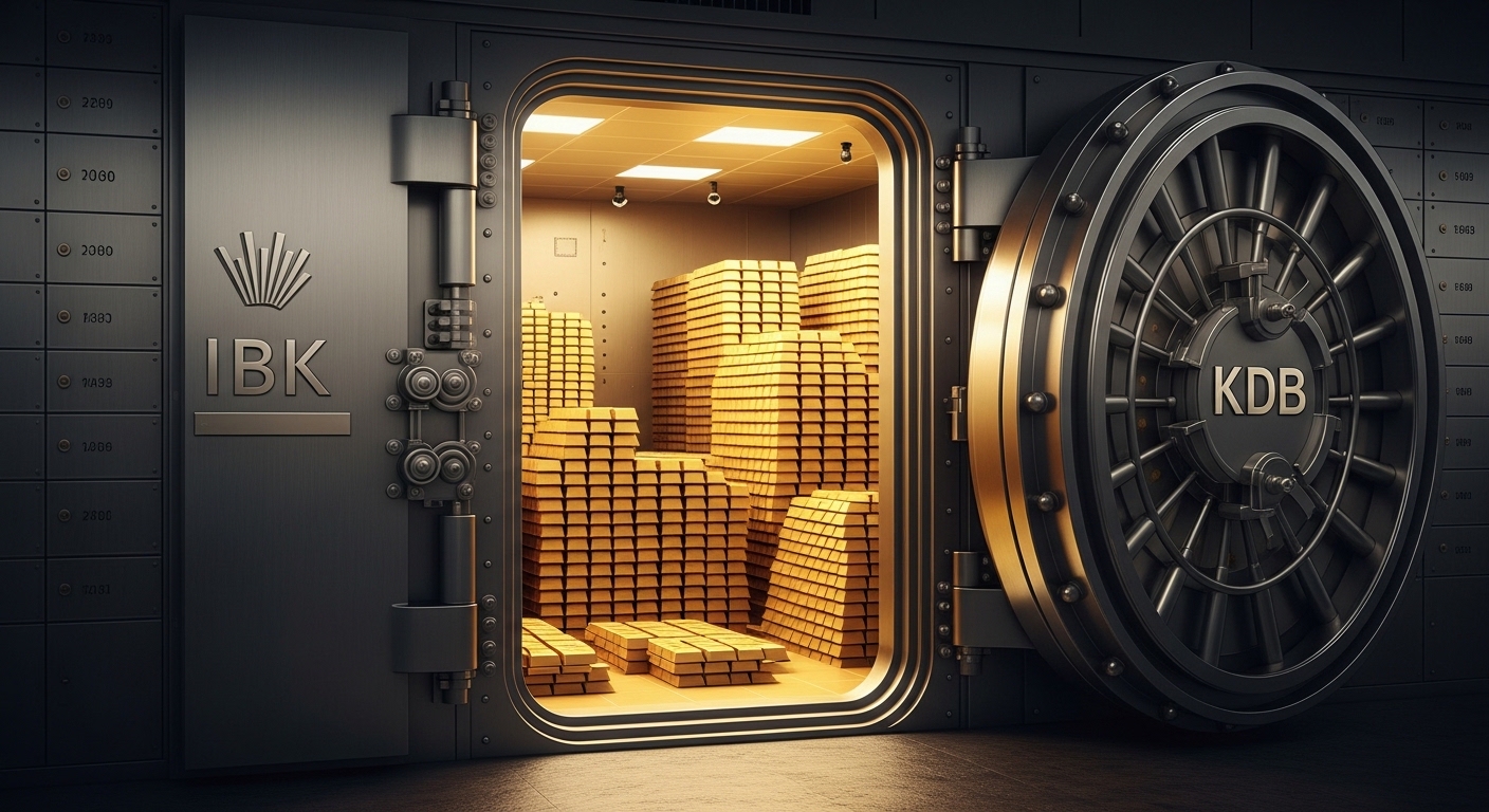 Image of sturdy vault doors with IBK and KDB logos wide open, revealing stacks of gold bars inside.