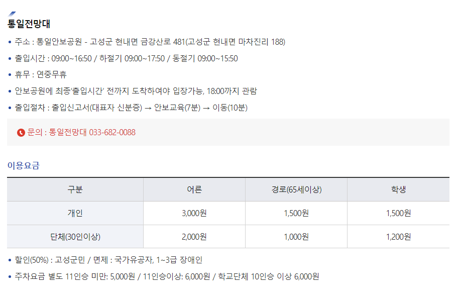 고성 통일전망대 안내문 출처 고성군 홈페이지