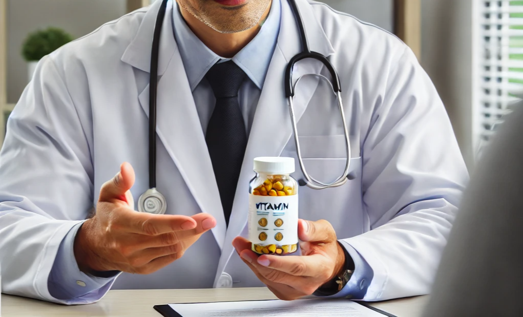 비타민을 설명하고 있는 의사