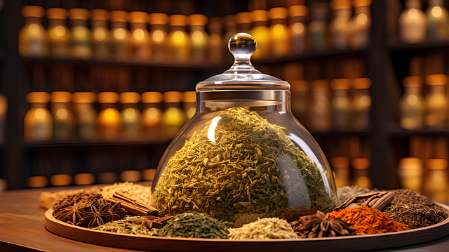 접시에 허브가 골고루 담겨져 있다.