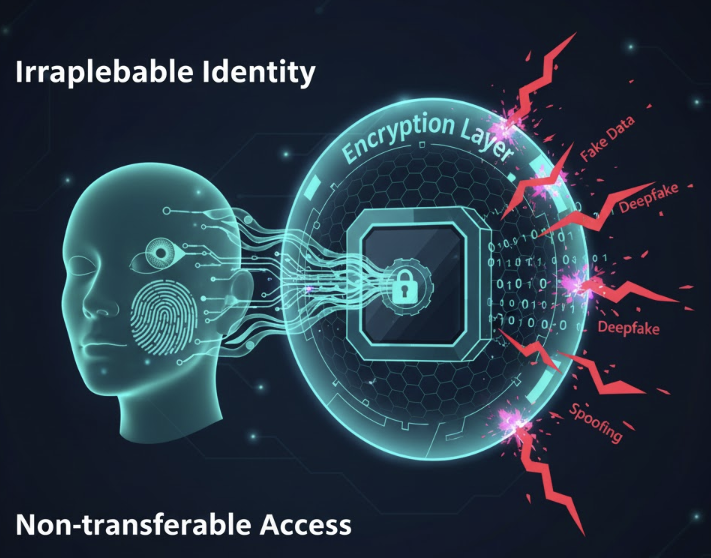 지문, 홍채, 안면 등 신체 고유 정보를 암호화된 디지털 템플릿으로 변환하여 본인 인증에 활용하는 생체 인식 기술의 원리와 보안 메커니즘을 설명하는 인포그래픽 이미지