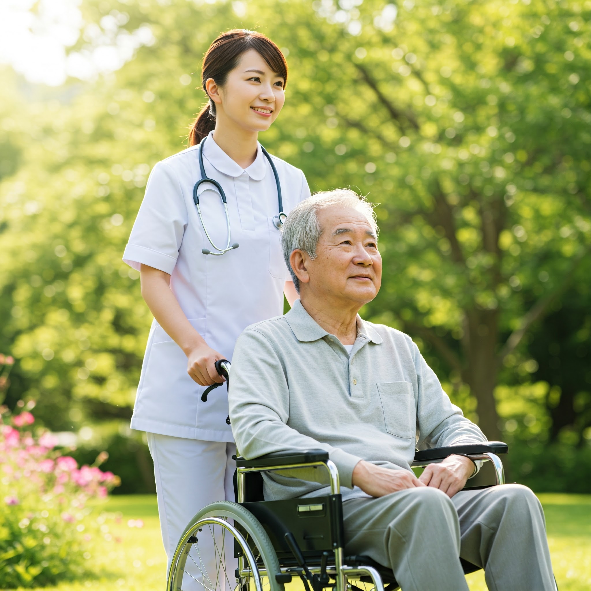 휠체어 타고 있는 환자와 간호사