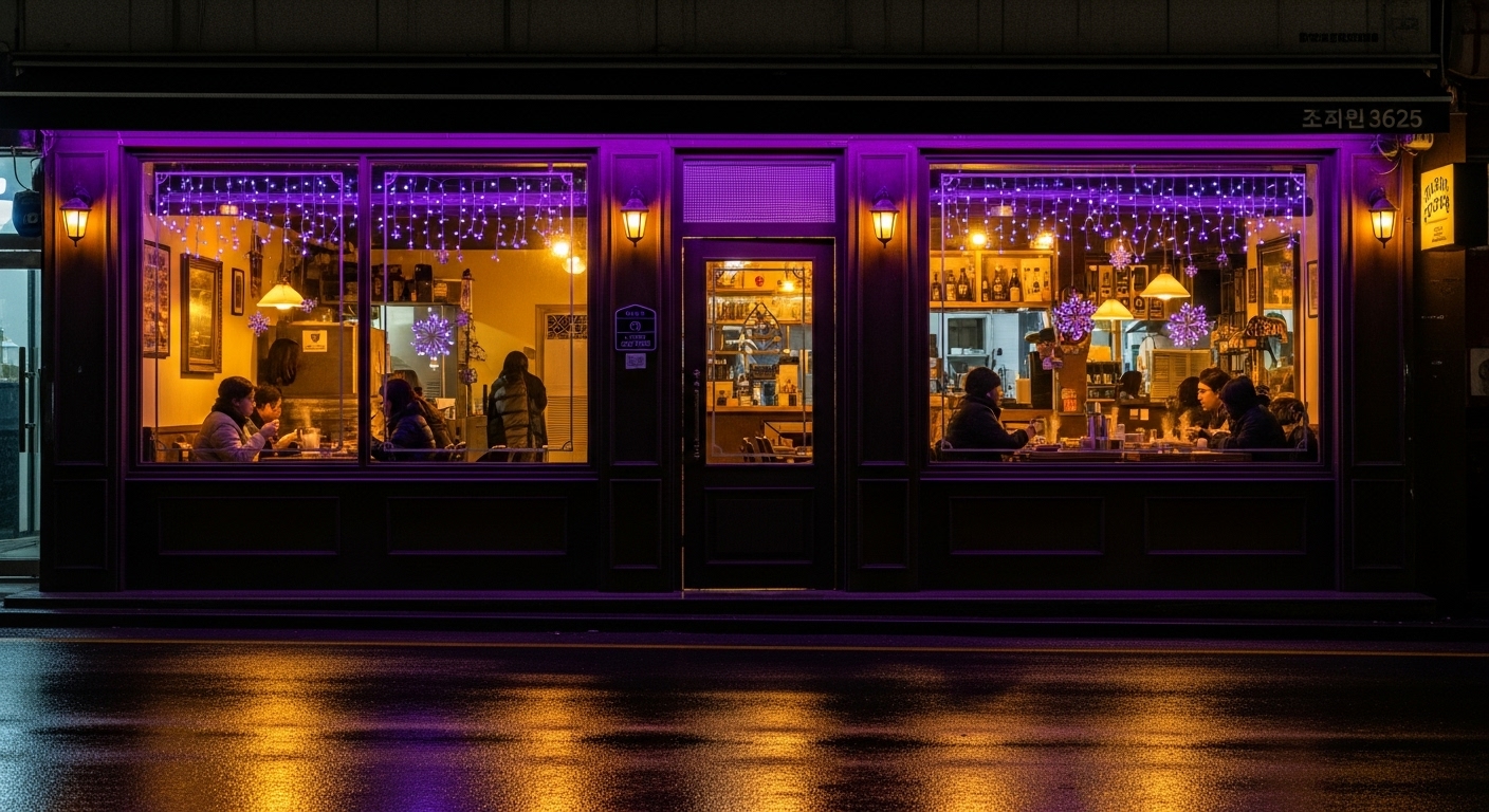 대구 중앙로 빛거리 축제 기간 중 따뜻한 분위기로 불을 밝힌 카페 앞에서 사람들이 축제를 즐기는 모습.
