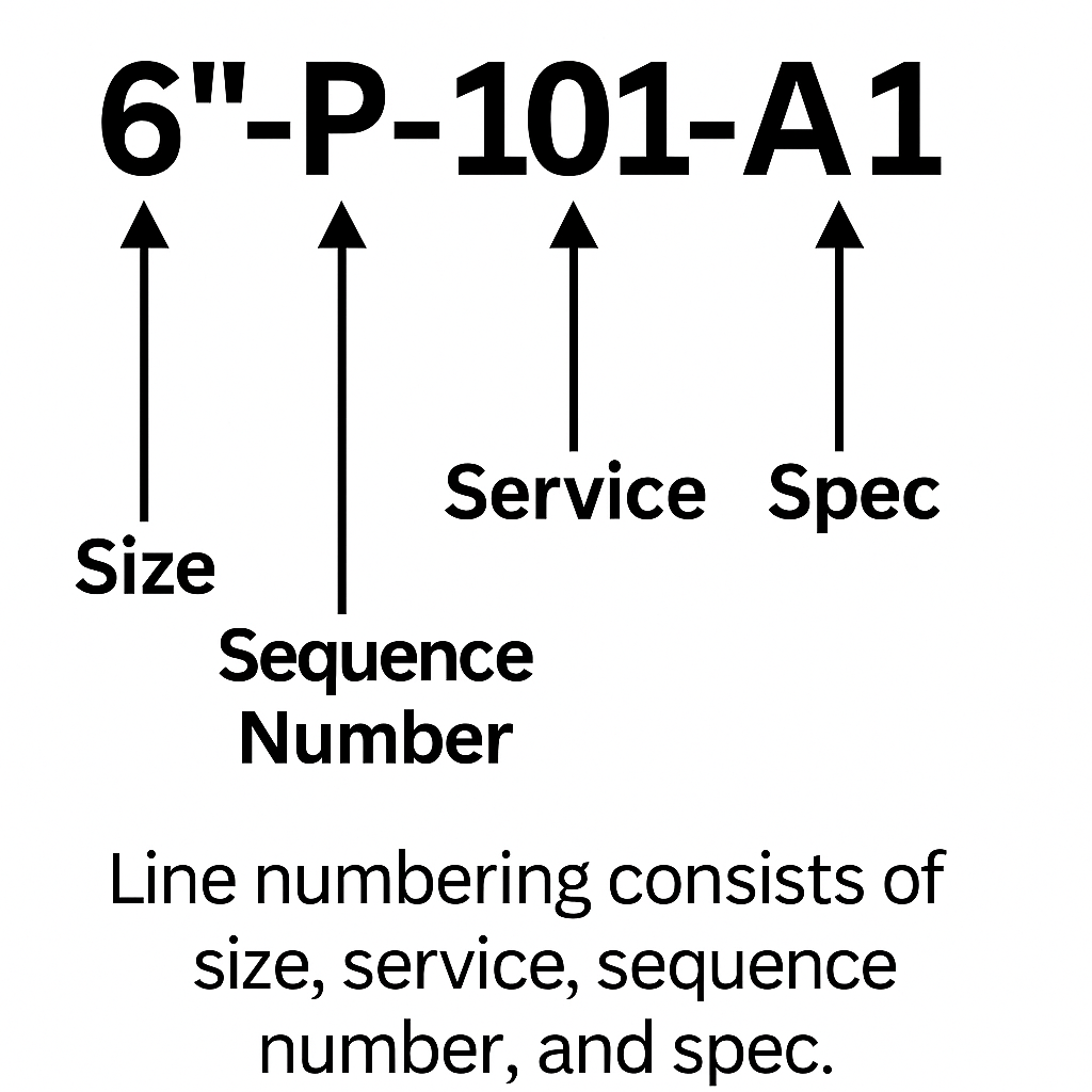 Example of piping line number breakdown with size, service, spec