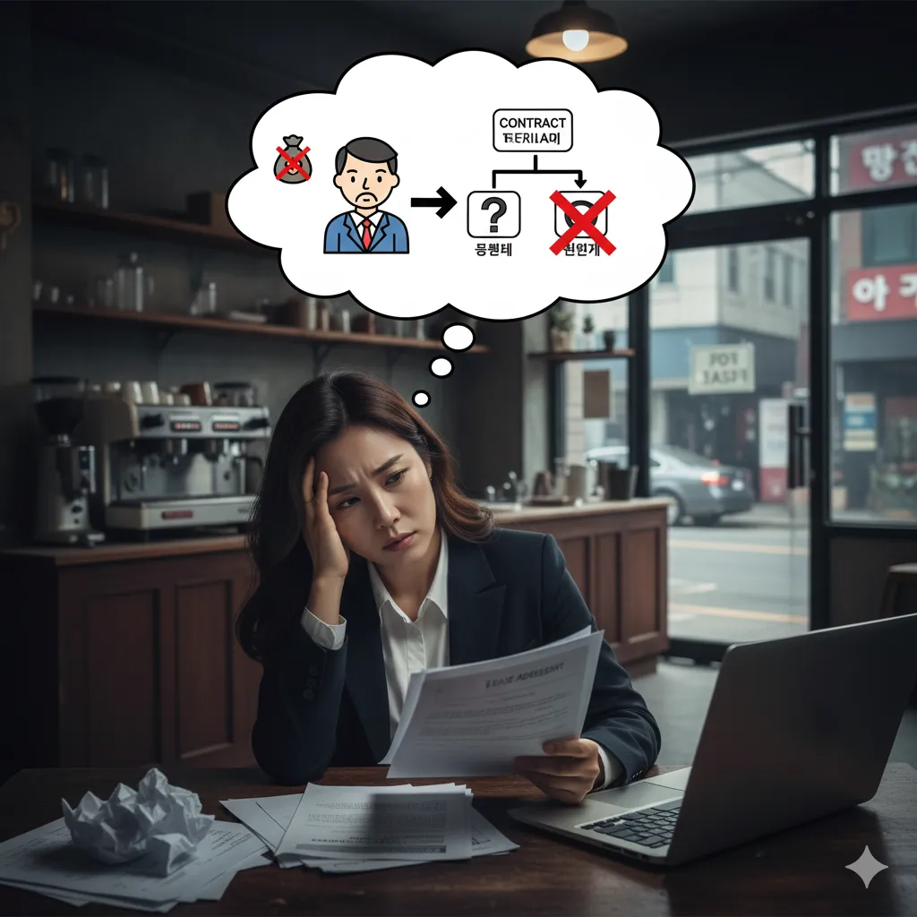 폐업 시 임대차계약서를 검토하며 보증금과 원상복구 비용을 계산하는 사업자의 모습