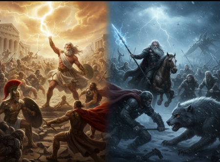 그리스의 티타노마키아와 북유럽의 라그나로크 전쟁 장면 비교 일러스트