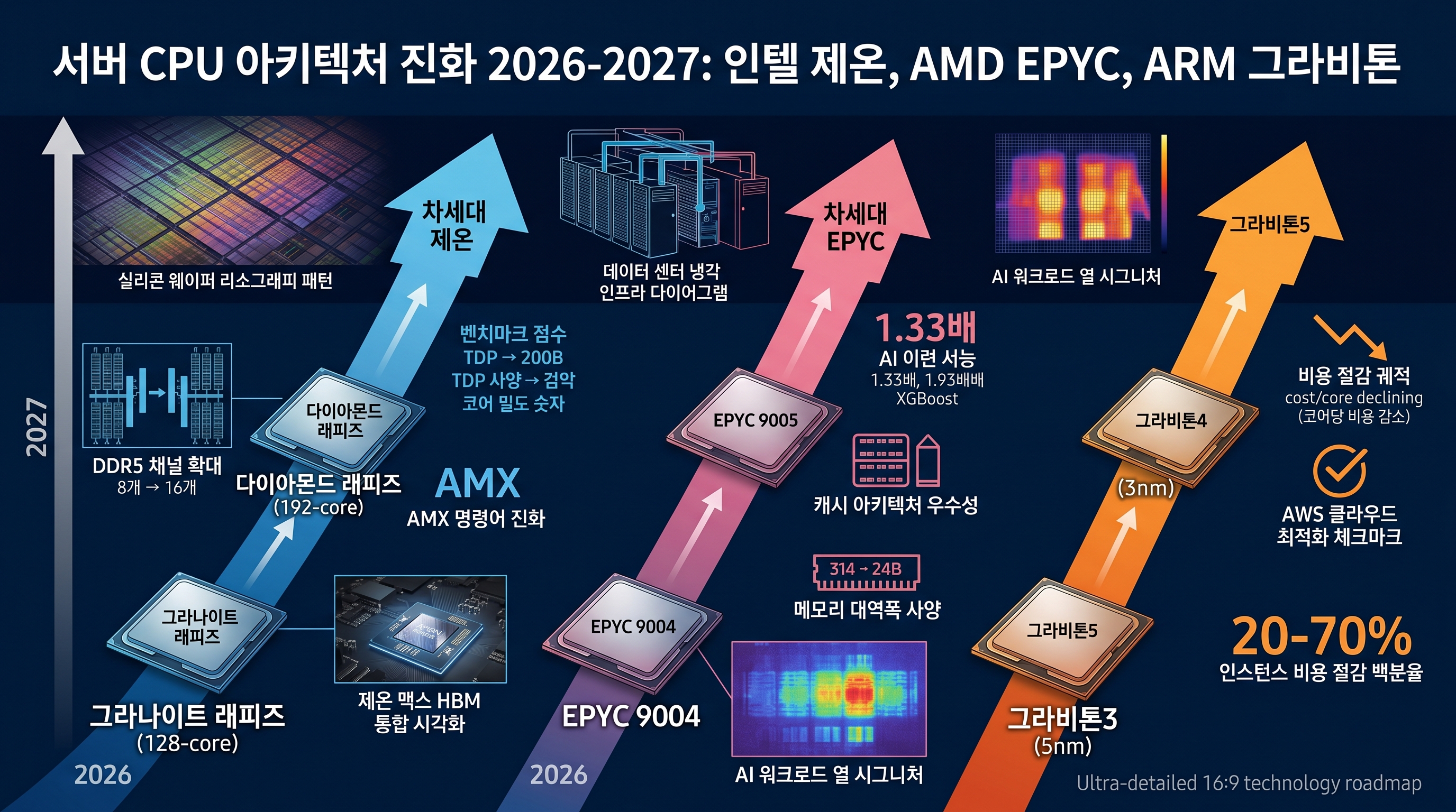 서버 CPU 기술 로드맵, Xeon EPYC 진화 경로, 아키텍처 비교
