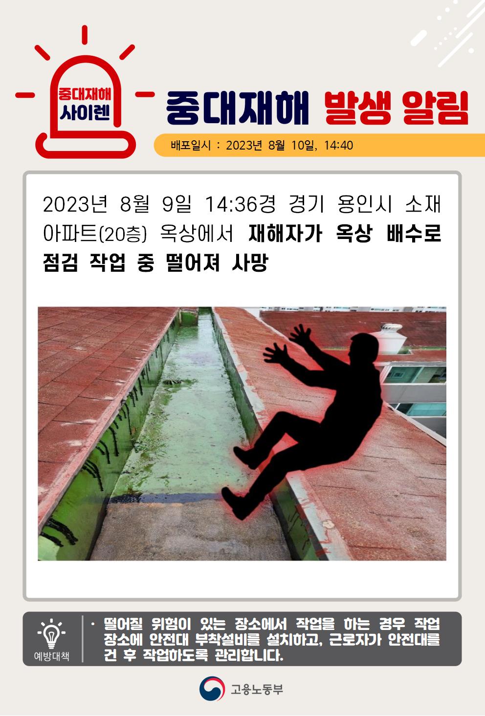 옥상 배수로 점검 작업 중 떨어짐(20층)