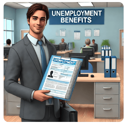 사무실에서 실업급여 서류를 들고 건강 문제로 고민하는 사람의 모습