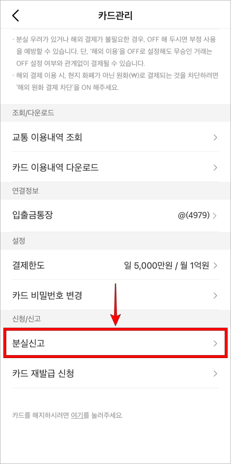 카드관리 메뉴 중 '분실신고'를 선택