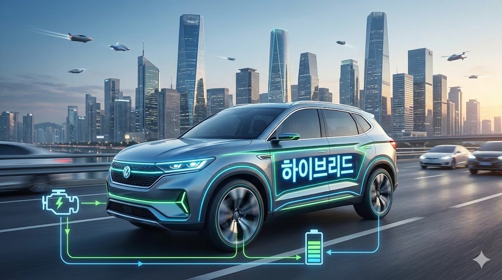 2026년 도심을 주행하는 최신형 하이브리드 자동차의 고성능 주행 이미지입니다.