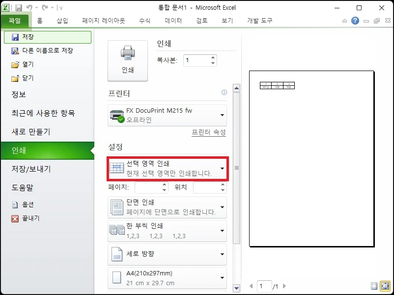 선택한 영역 인쇄