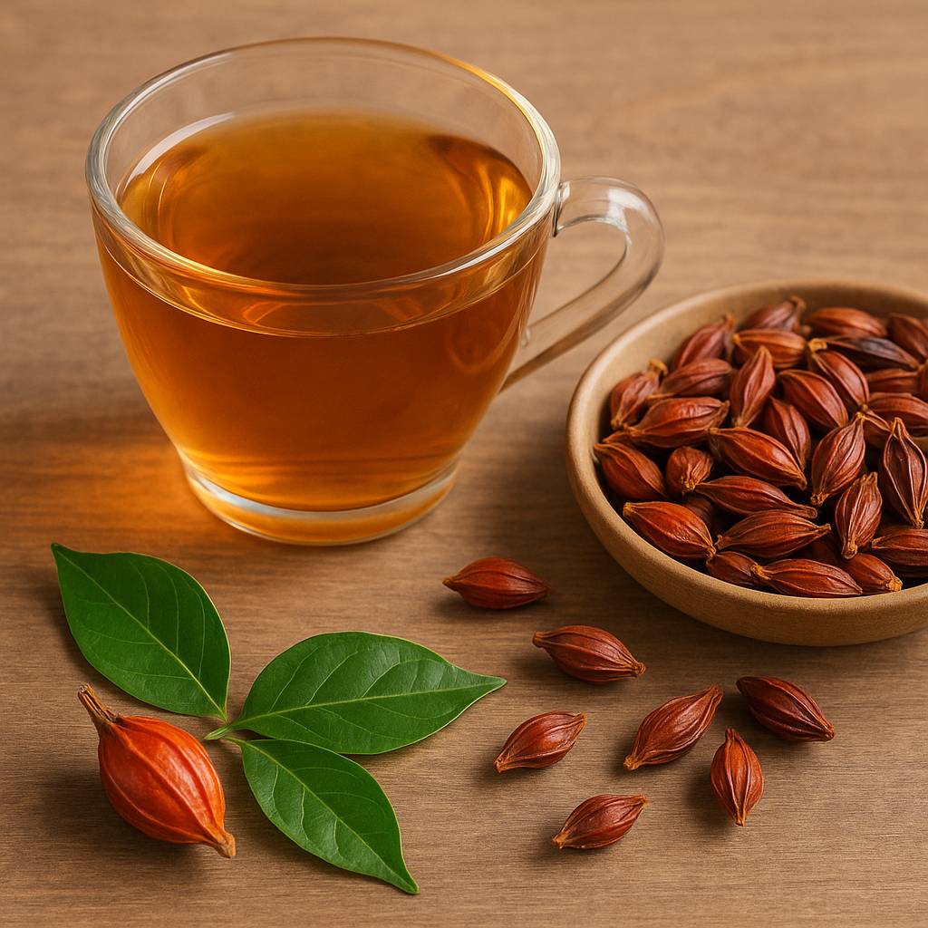 치자씨 차 한 잔과 나무 그릇에 담긴 치자씨가 함께 놓여 있는 따뜻한 분위기의 차 이미지