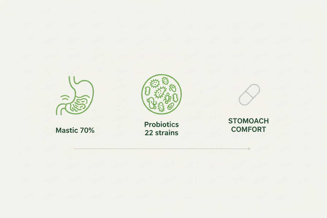 Mastic 70%, Probiotics 22 strains, Stomach Comfort 아이콘으로 매스틱 추출물과 22종 유산균 조합이 위 편안함을 위한 복합 프로바이오틱스임을 단순하게 보여주는 인포그래픽 이미지