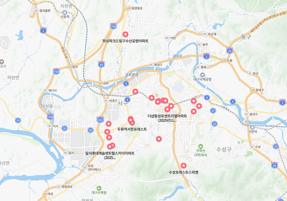 2025년 대구광역시 입주 예정 아파트 위치 부동산 지도 매매 전세 월세 정보