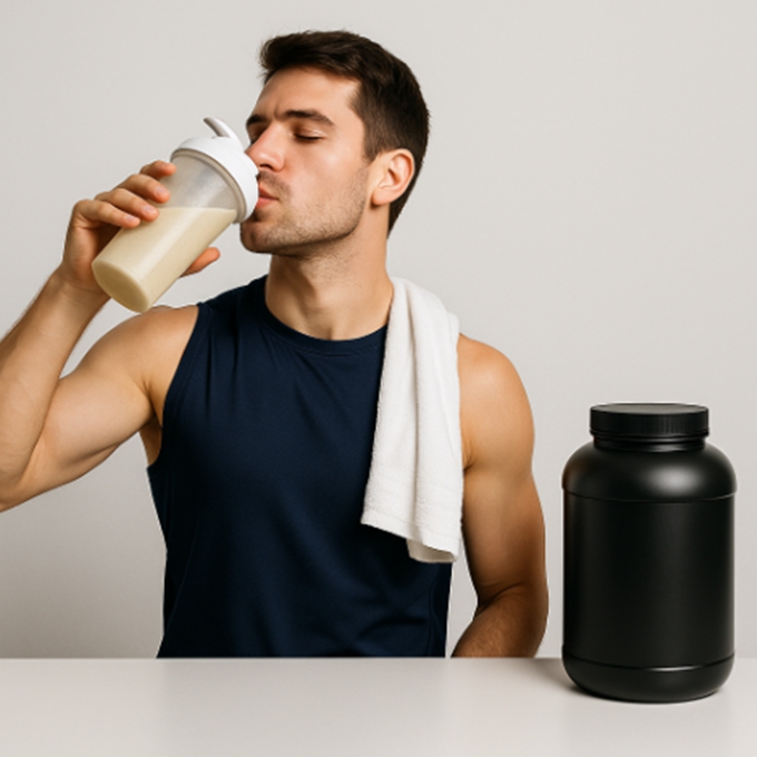 운동 후 단백질 쉐이크를 마시는 모습과 제품 사진