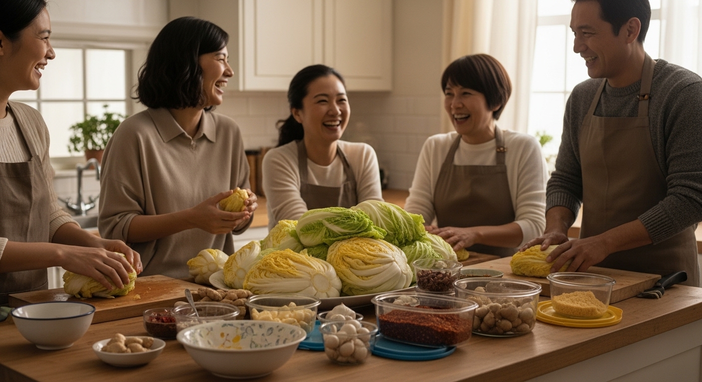 2025년 김장철, 가족이나 이웃이 함께 모여 배추와 양념 재료를 준비하며 즐겁게 김장을 하는 모습. 비용 절감과 효율성을 강조하는 분위기.