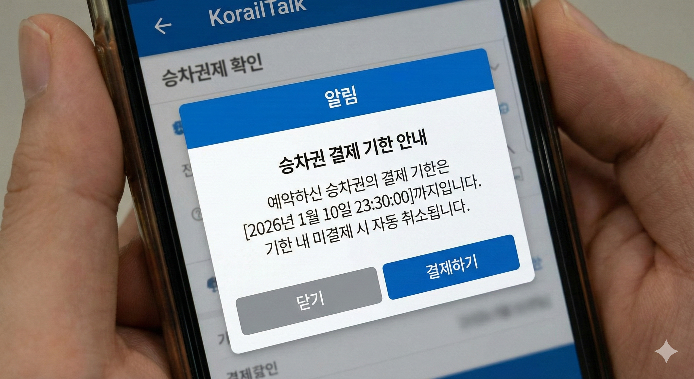 코레일톡 승차권 결제 기한 안내 팝업창