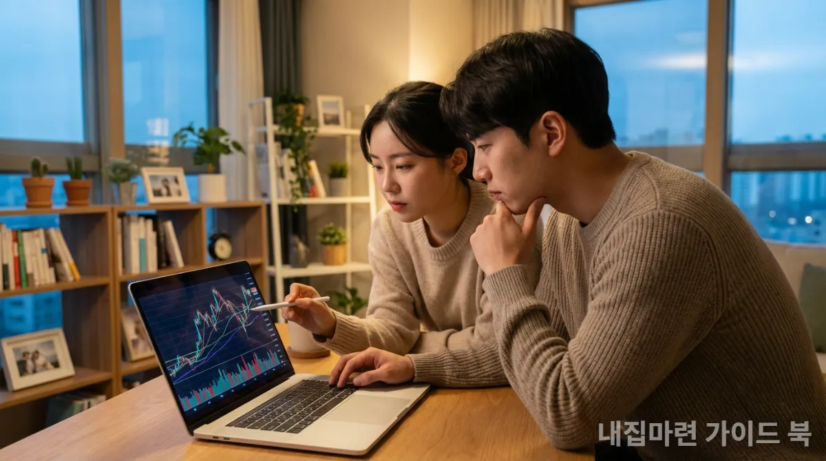전월세 전환율 그래프를 분석하는 한국인 부부
