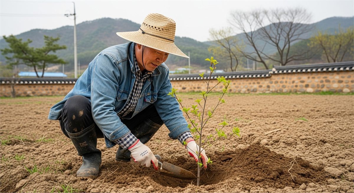초봄 밭에 두릅나무 묘목을 심는 한국인 가드너의 모습 