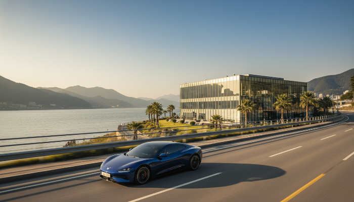 서울 근교 한강변 도로를 달리는 자동차와 유리 외벽의 세련된 대형 카페 풍경