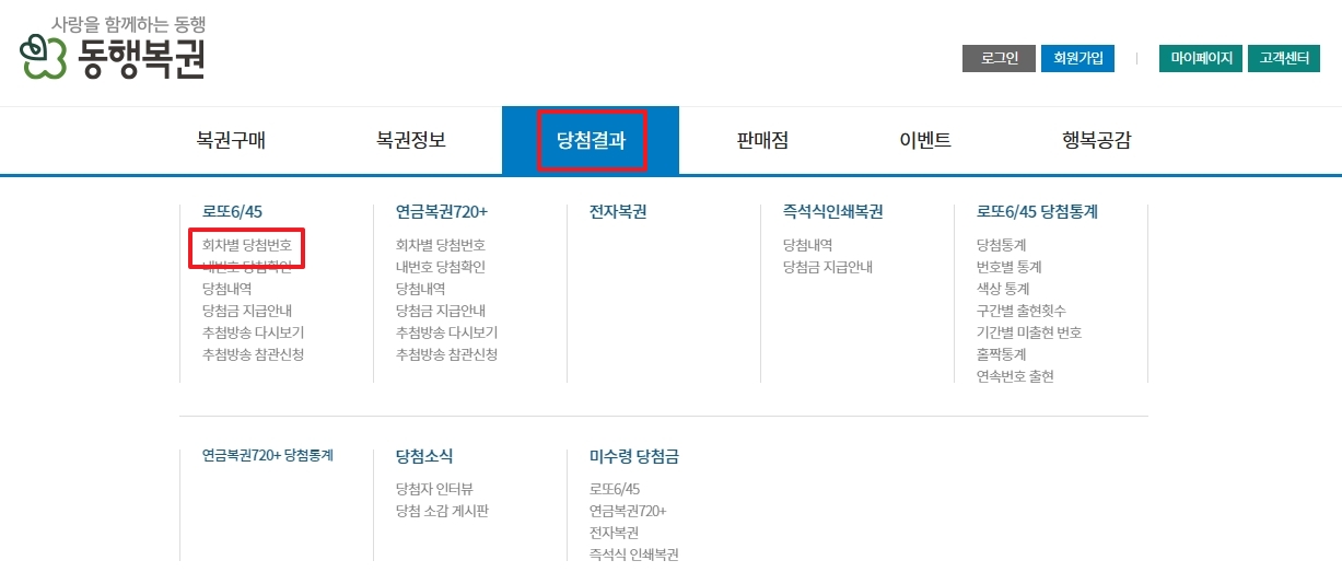 홈페이지 상단 당첨결과 메뉴에서 회차별 당첨번호를 선택하는 과정