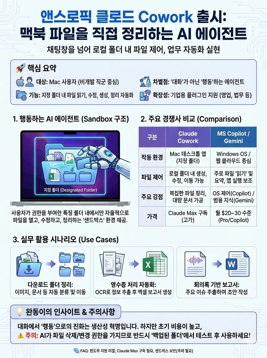 클로드 Cowork, MS 코파일럿, 구글 제미나이의 주요 기능과 차이점을 비교한 인포그래픽
