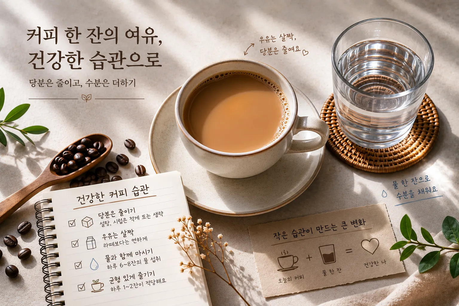 당분을 줄인 커피와 물을 함께 둔 건강한 섭취 습관