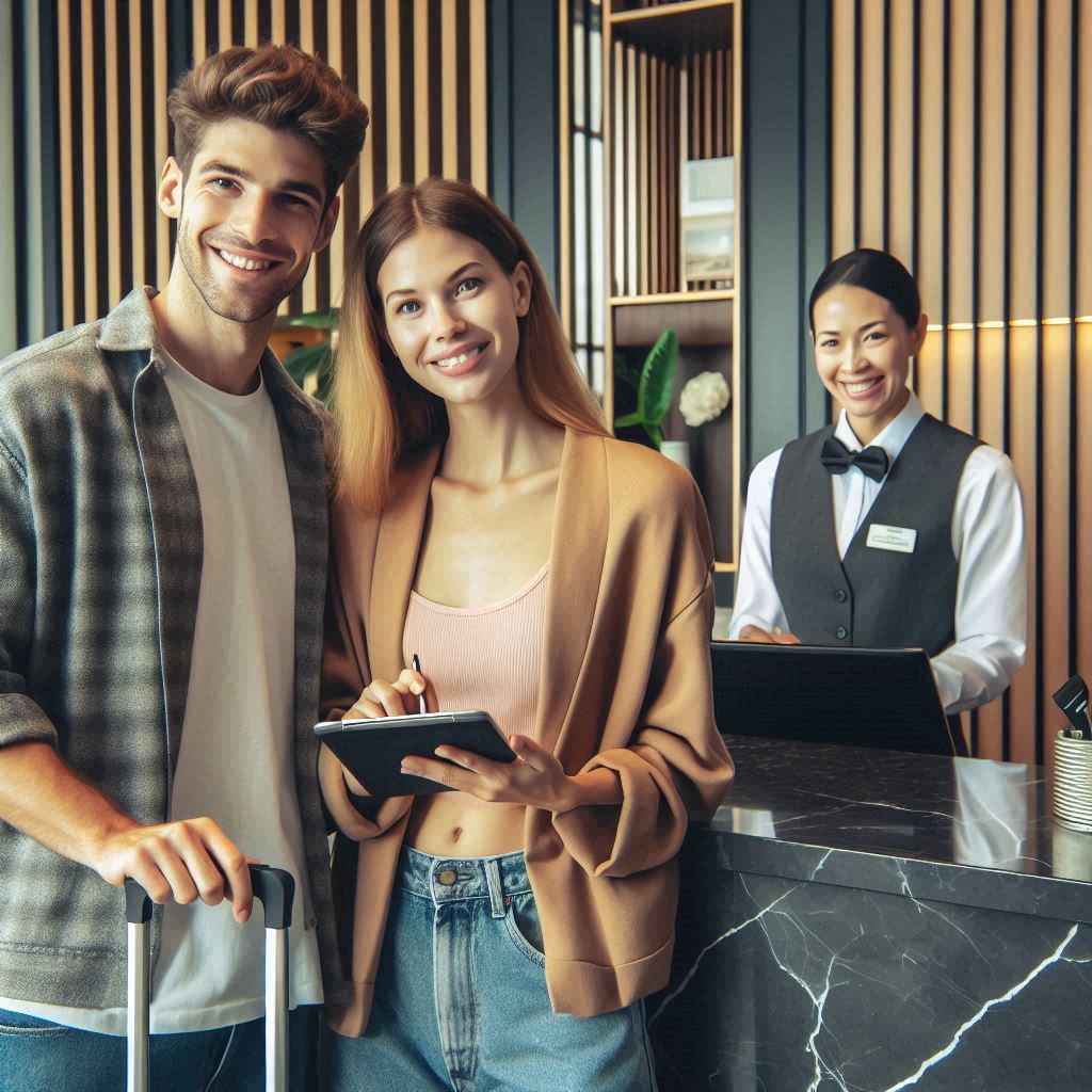 A couple checking into a modern boutique hotel in a big city (like New York or Tokyo). Stylish interior, front desk staff smiling, with luggage nearby