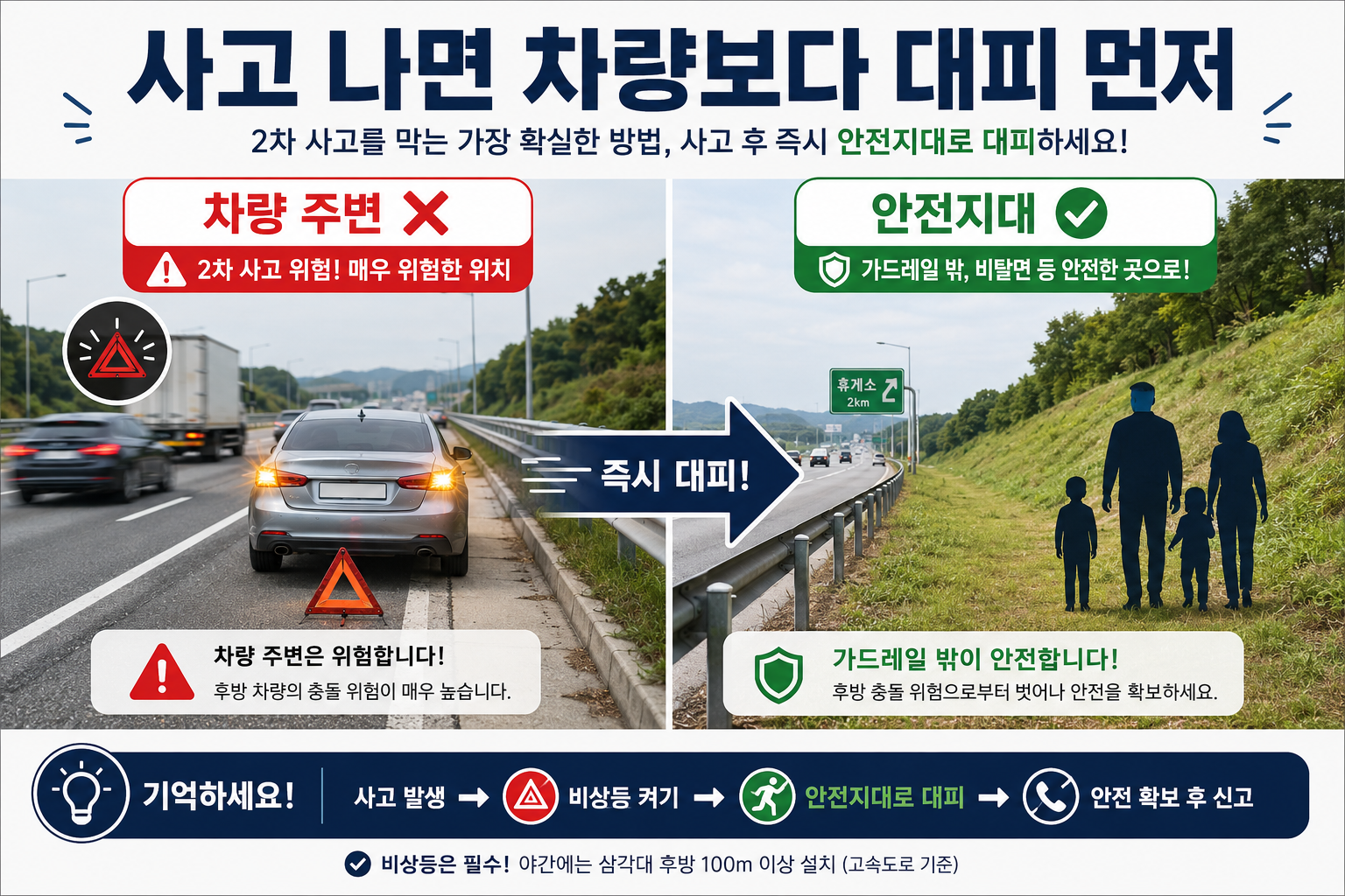 고속도로 사고나 차량 고장 발생 시 차량 주변을 벗어나 가드레일 밖 안전한 장소로 대피하는 방법
