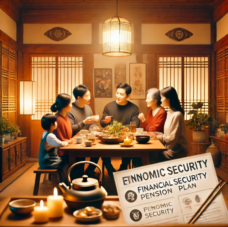 가족이 집에서 경제적 보호와 연금 계획을 논의하는 모습