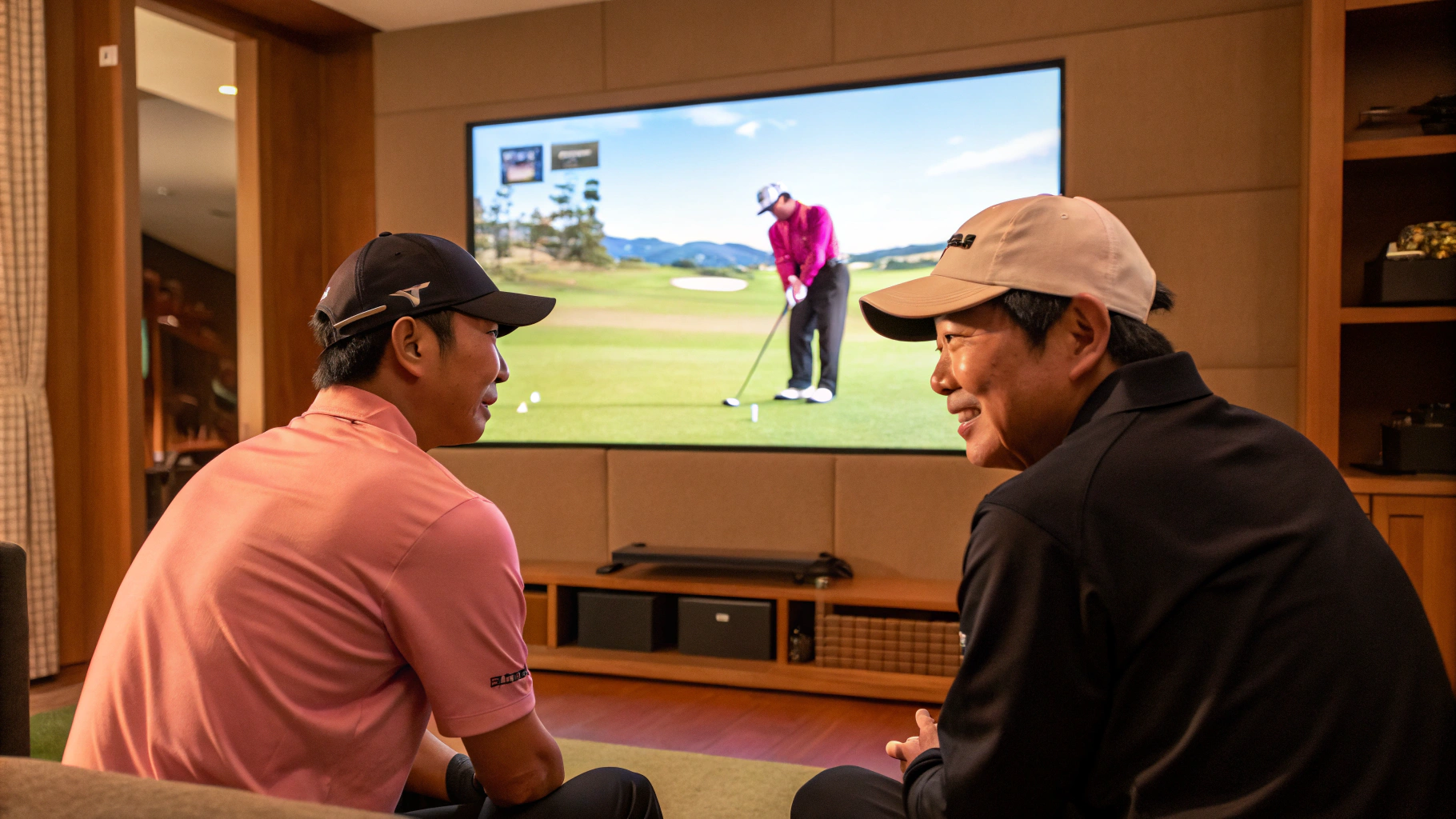 일본 골퍼 두명이 본인이 스윙했던 모습을 티비로 보고 있다