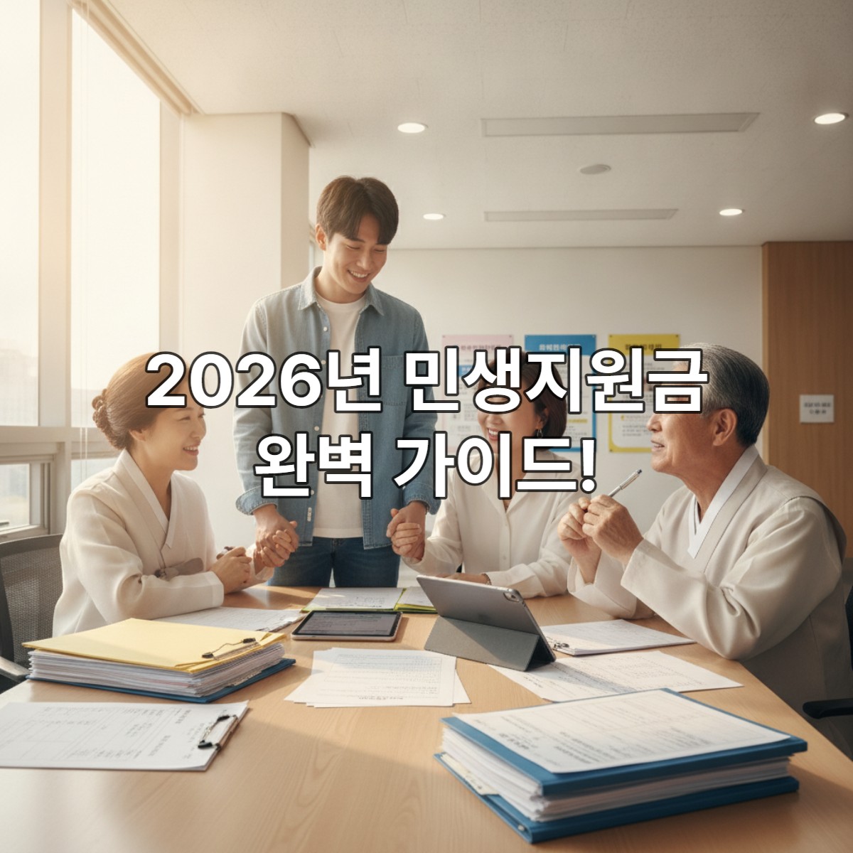 2026년 다양한 민생지원금 신청 서류와 태블릿을 들고 희망찬 표정으로 앉아 있는 한국인들의 모습. 주민센터에서 정부 지원금을 알아보는 풍경을 담고 있습니다.
