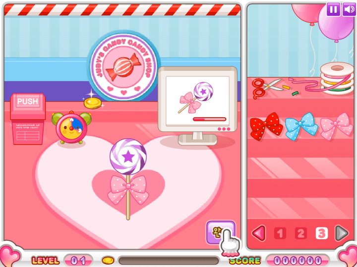 쥬디의-캔디-캔디-샵-플래시게임-플레이-주문-들어온-막대-사탕을-포장하는-화면