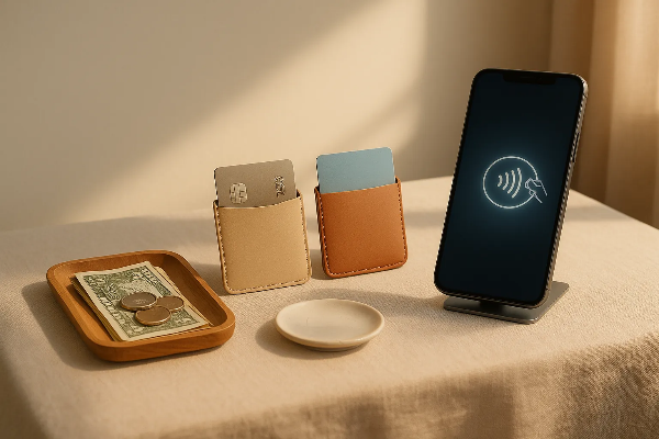 테이블 위에 다양한 결제 수단(지폐, 동전, 신용카드, 스마트폰 간편결제 화면)이 나란히 놓여 있는 이미지